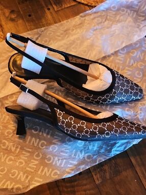 INC International Concepts Black Mesh Slingback Heels with Crystal Accents